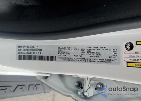 2022 Ram 1500 Laramie z USA, uszkodzony, nr VIN 1C6SRFJT5NN387396